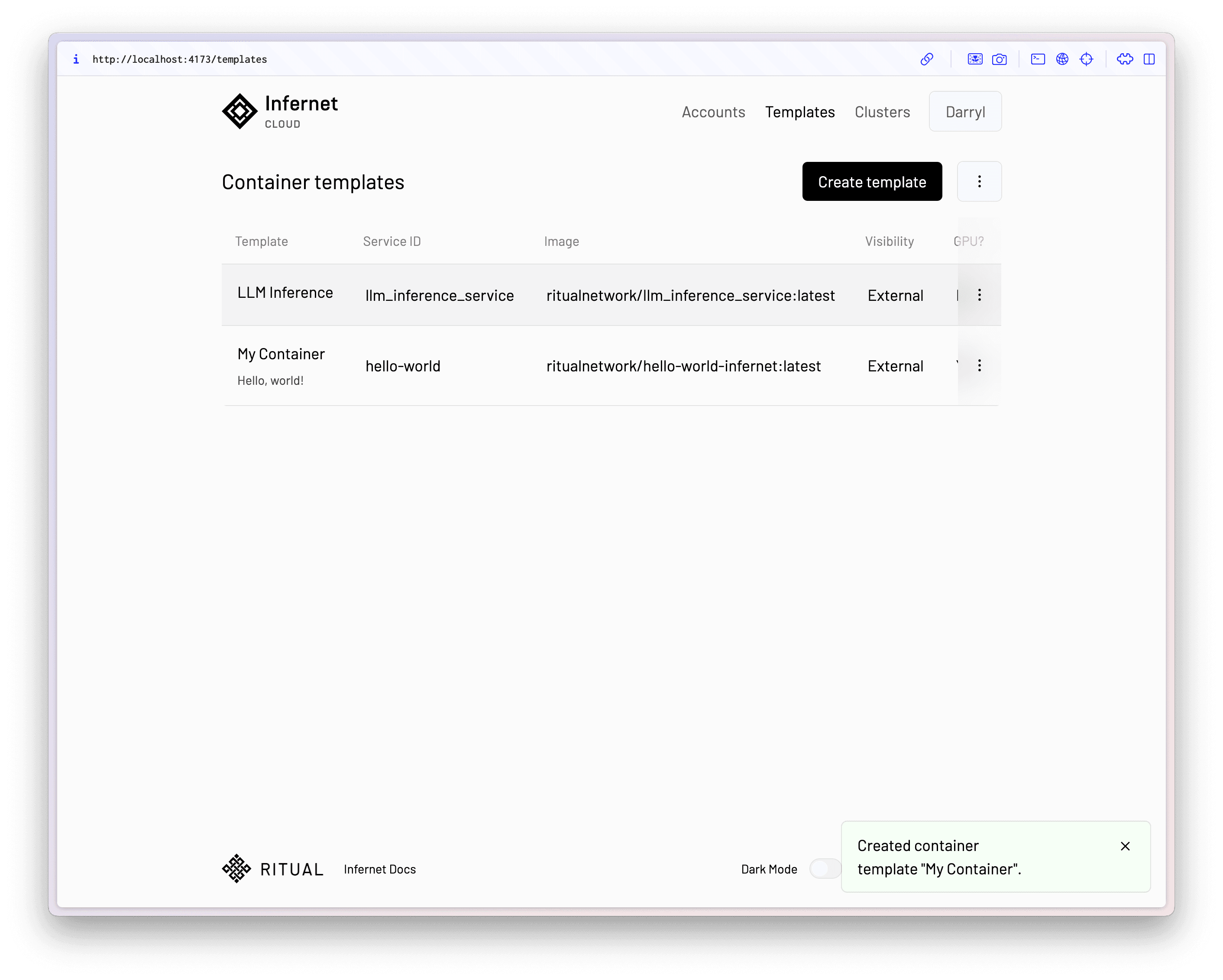 Created container template