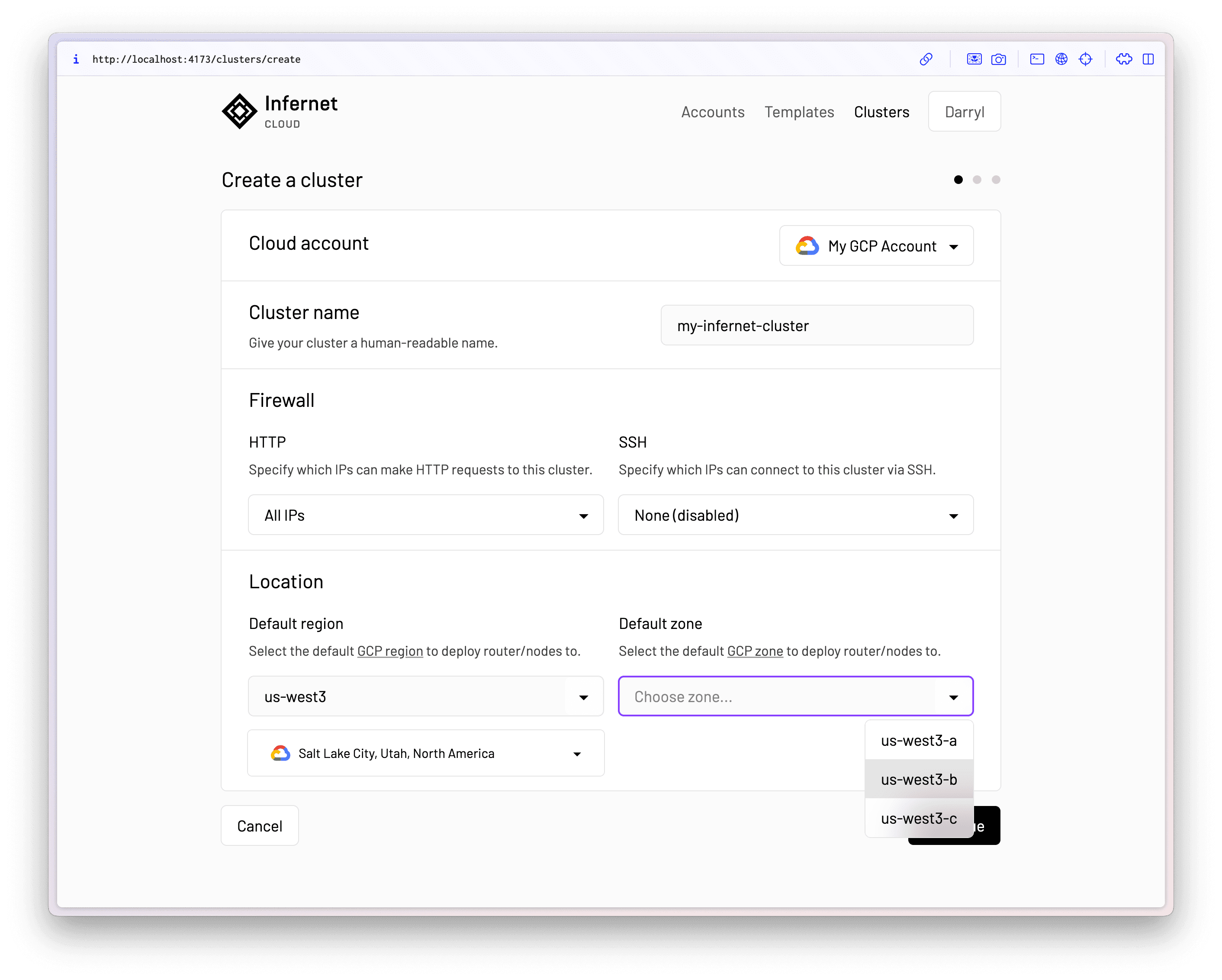 Create a cluster – Cloud account – 2