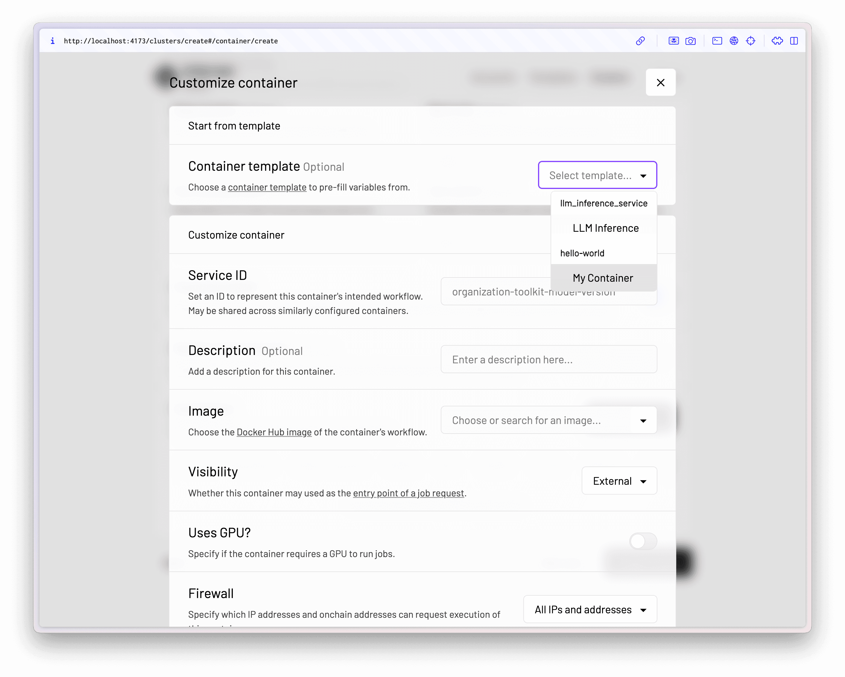 Create a cluster – Add nodes – Customize container – 1